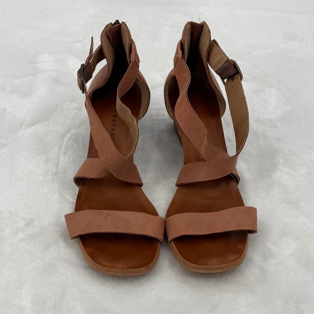 Lucky Brand Caisby Boho Brown Leather Stacked Heel Wedge Sandal Womens Size 8.5M